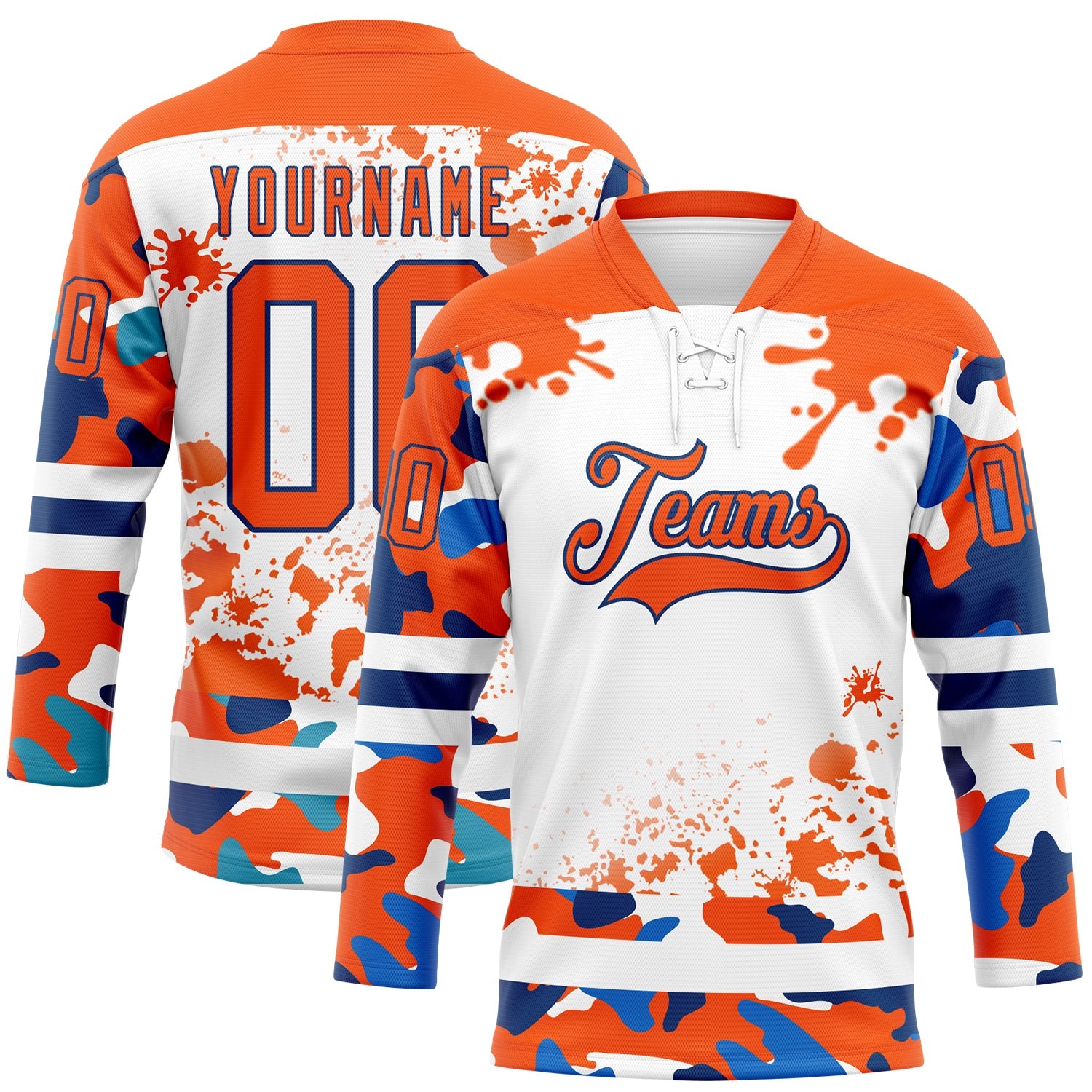 Custom Camo Orange US Navy Blue-White Splash Hockey Lace Neck Jersey - Main View