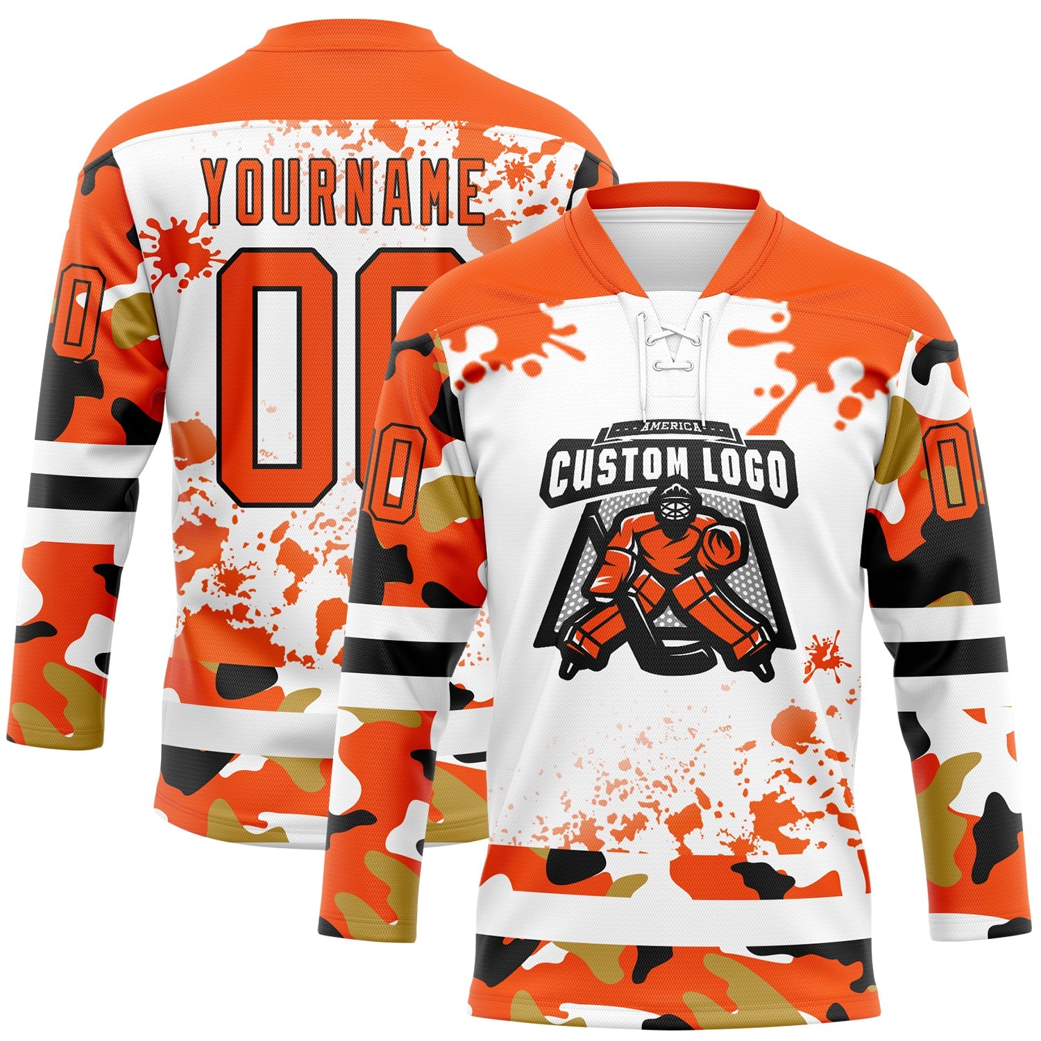 Custom Camo Orange Black-White Splash Hockey Lace Neck Jersey view 2