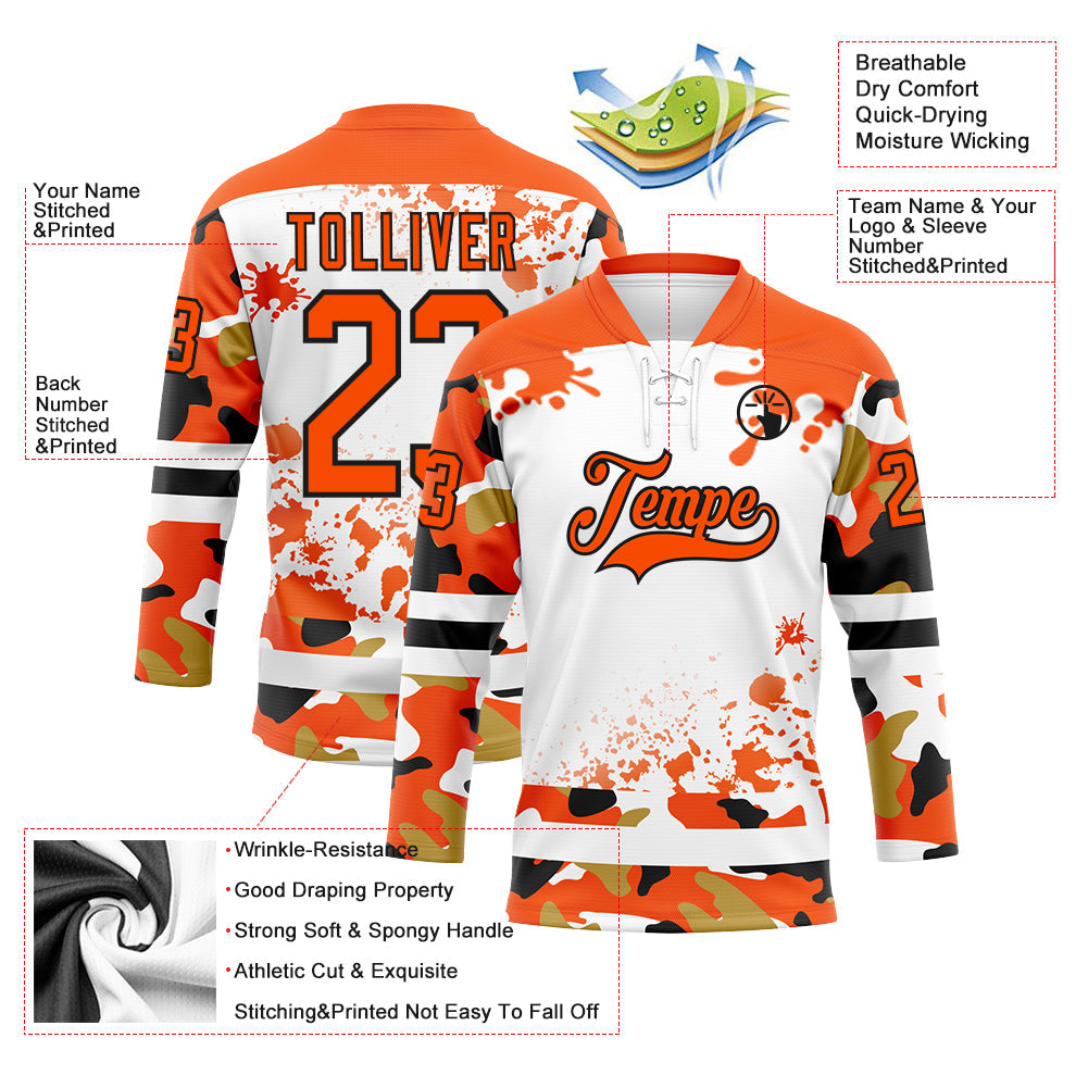 Custom Camo Orange Black-White Splash Hockey Lace Neck Jersey view 3