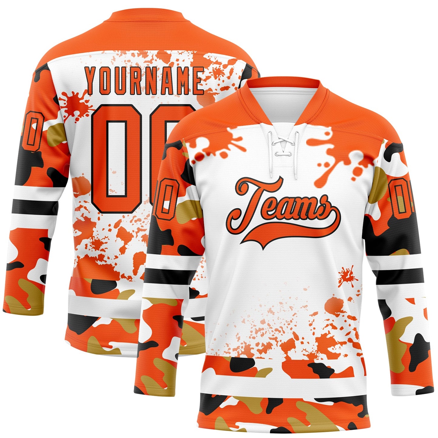 Custom Camo Orange Black-White Splash Hockey Lace Neck Jersey - Main View