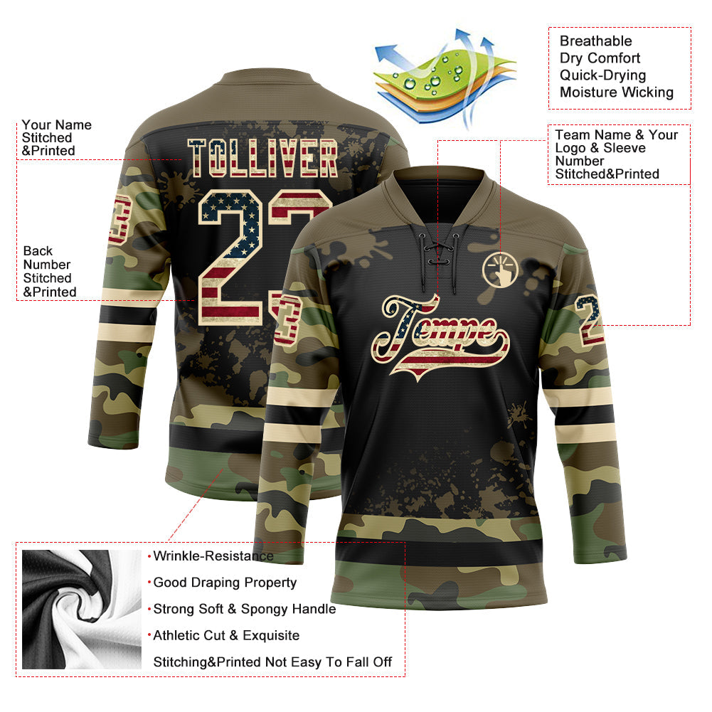 Custom Camo Vintage USA Flag Olive Black-Cream Splash Hockey Lace Neck Jersey view 3