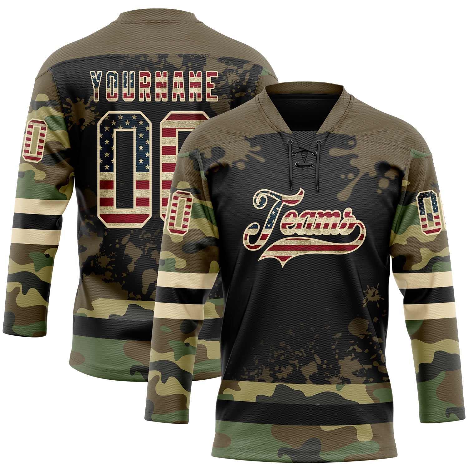 Custom Camo Vintage USA Flag Olive Black-Cream Splash Hockey Lace Neck Jersey - Main View