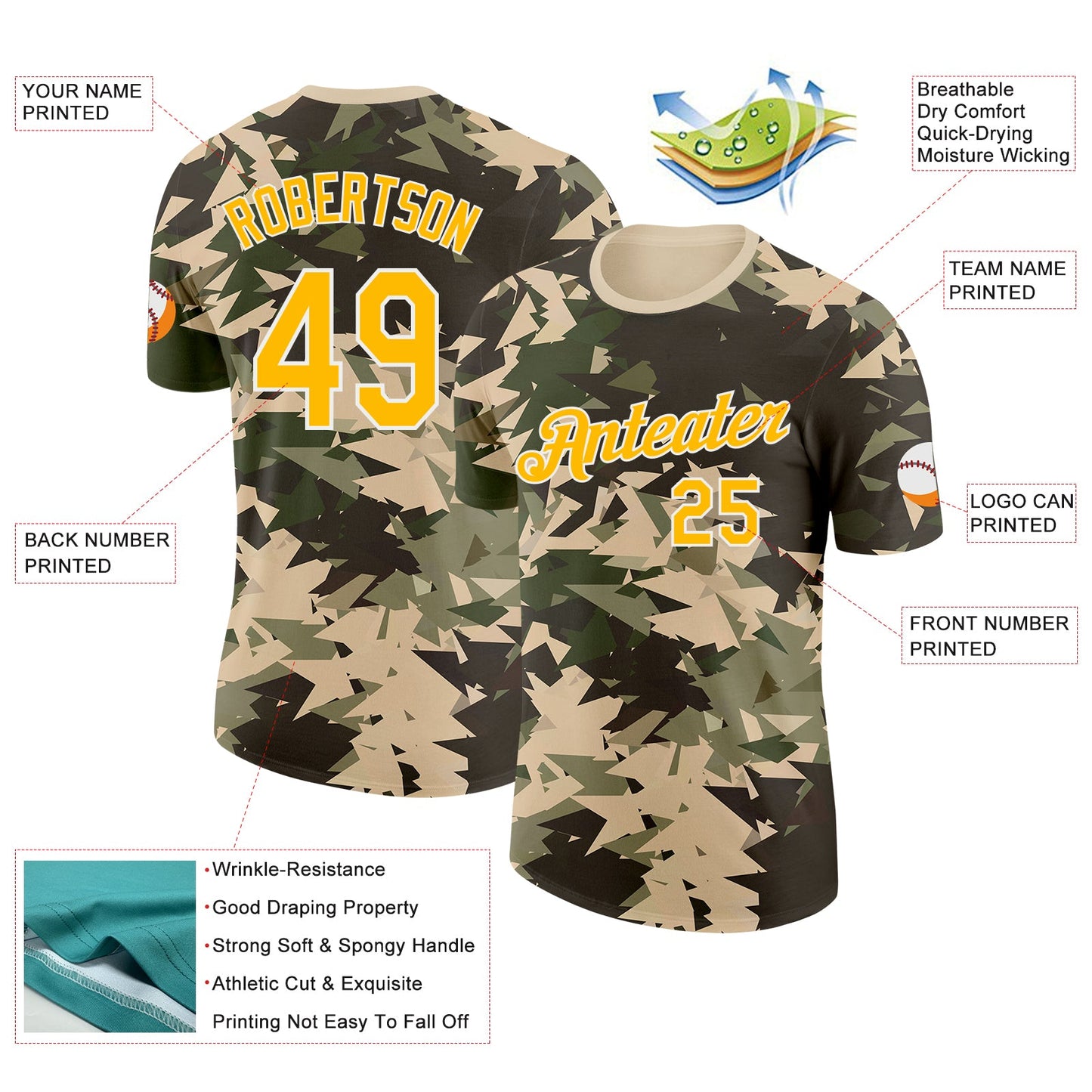 Custom Camo Gold-White Geometric Fragment Camouflage Salute To Service Performance T-Shirt view 2