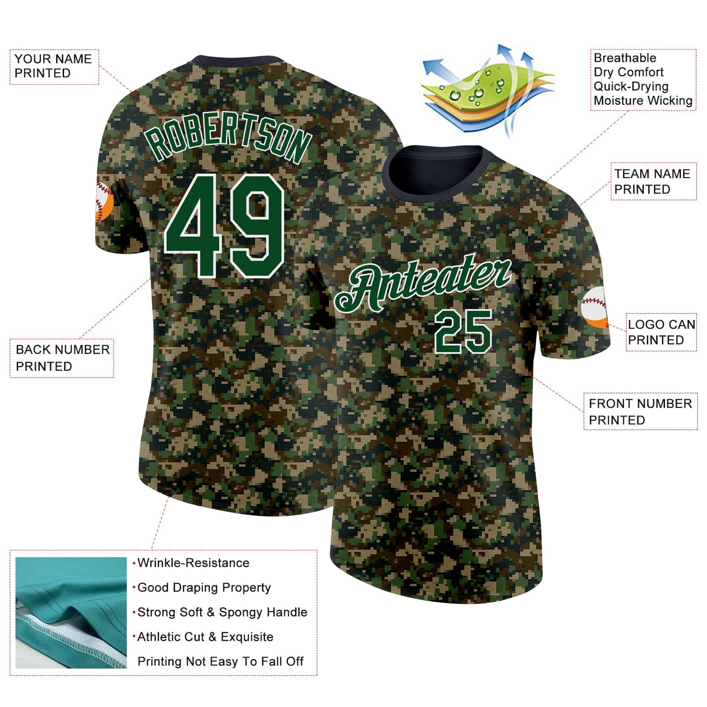 Custom Camo Green-White Woodland Digital Camouflage Pixel Salute To Service Performance T-Shirt view 2