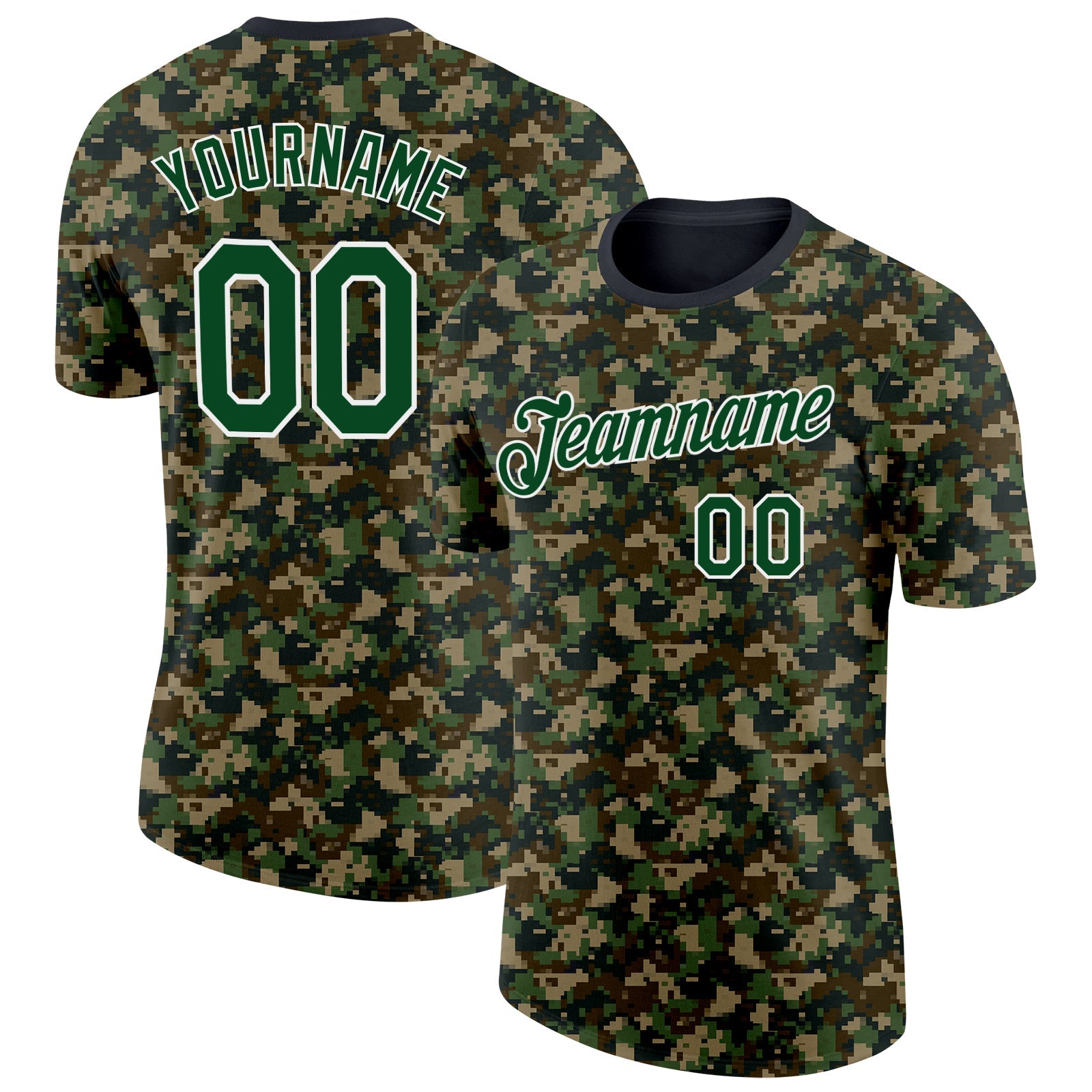 Custom Camo Green-White Woodland Digital Camouflage Pixel Salute To Service Performance T-Shirt - Main View