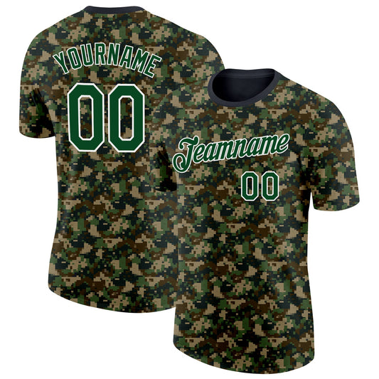 Custom Camo Green-White Woodland Digital Camouflage Pixel Salute To Service Performance T-Shirt - Main View
