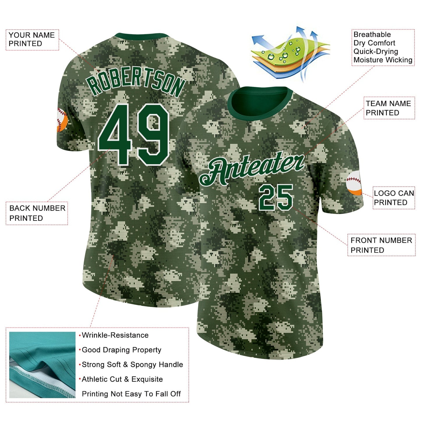 Custom Camo Green-White Woodland Forest Digital Camouflage Pixel Salute To Service Performance T-Shirt view 2