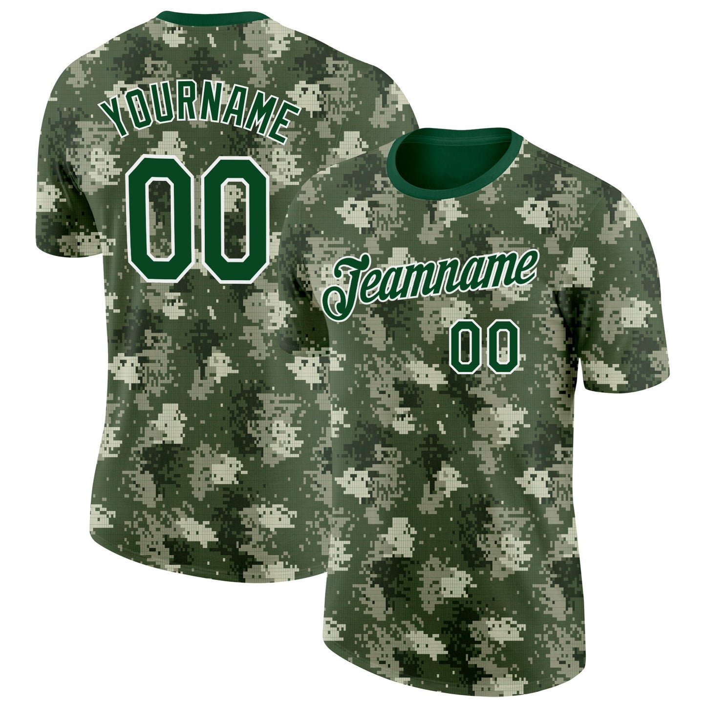 Custom Camo Green-White Woodland Forest Digital Camouflage Pixel Salute To Service Performance T-Shirt - Main View