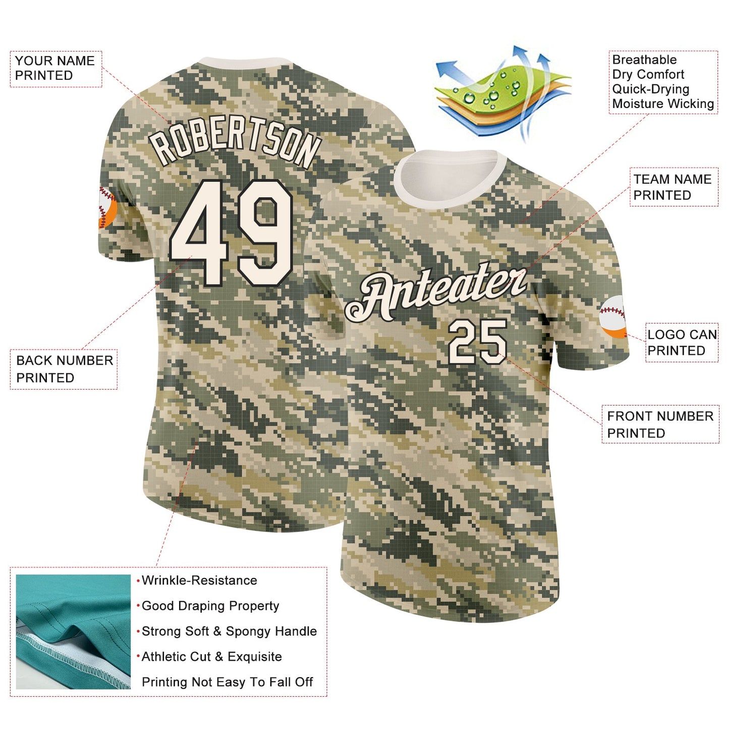 Custom Camo Cream-Black Desert Digital Camouflage Pixel Salute To Service Performance T-Shirt view 2