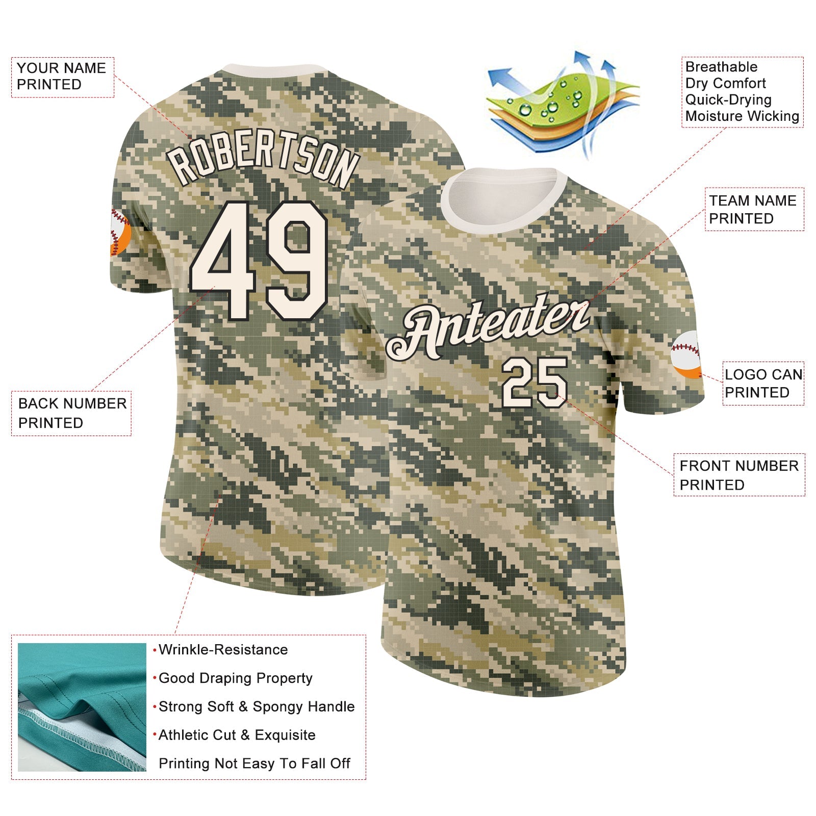 Custom Camo Cream-Black Desert Digital Camouflage Pixel Salute To Service Performance T-Shirt view 2