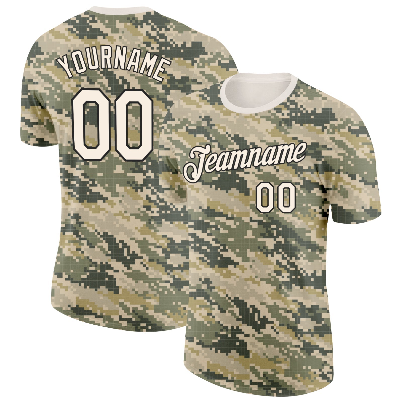 Custom Camo Cream-Black Desert Digital Camouflage Pixel Salute To Service Performance T-Shirt - Main View