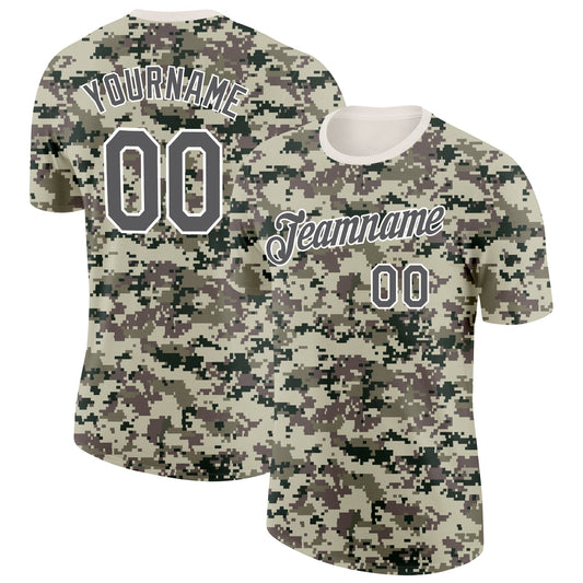 Custom Camo Steel Gray-White Terrain Digital Camouflage Pixel Salute To Service Performance T-Shirt - Main View