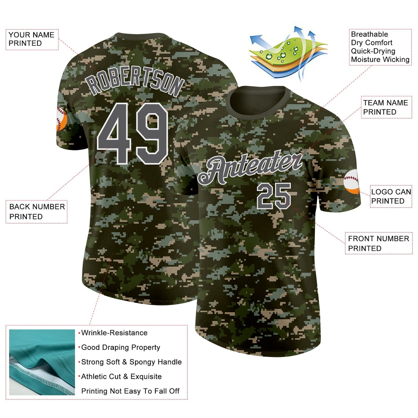 Custom Camo Steel Gray-White Woodland Digital Camouflage Pixel Salute To Service Performance T-Shirt view 2