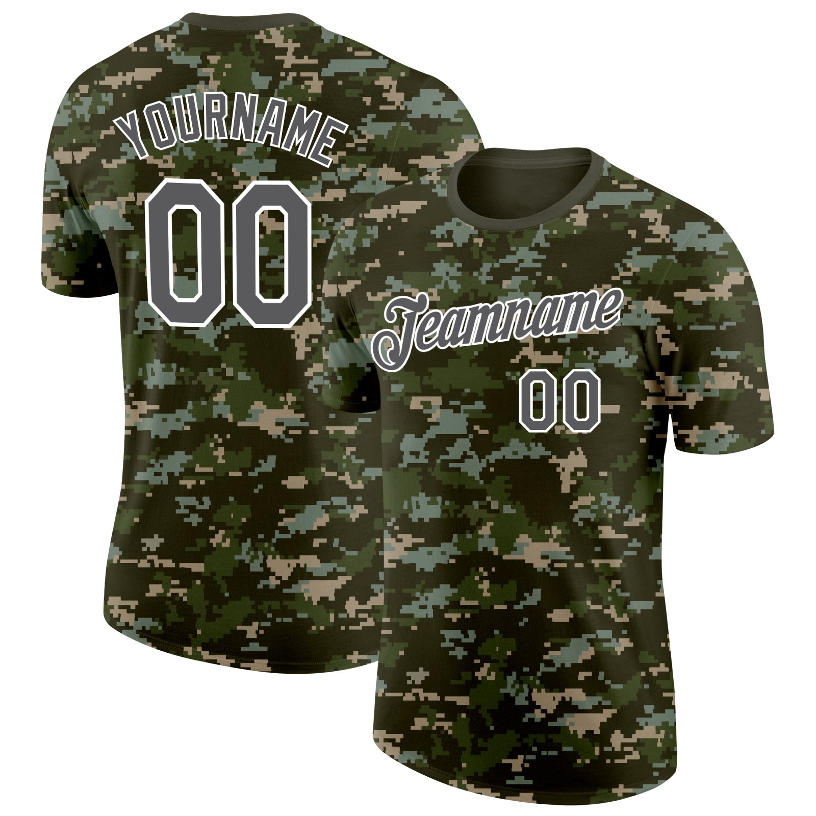 Custom Camo Steel Gray-White Woodland Digital Camouflage Pixel Salute To Service Performance T-Shirt - Main View