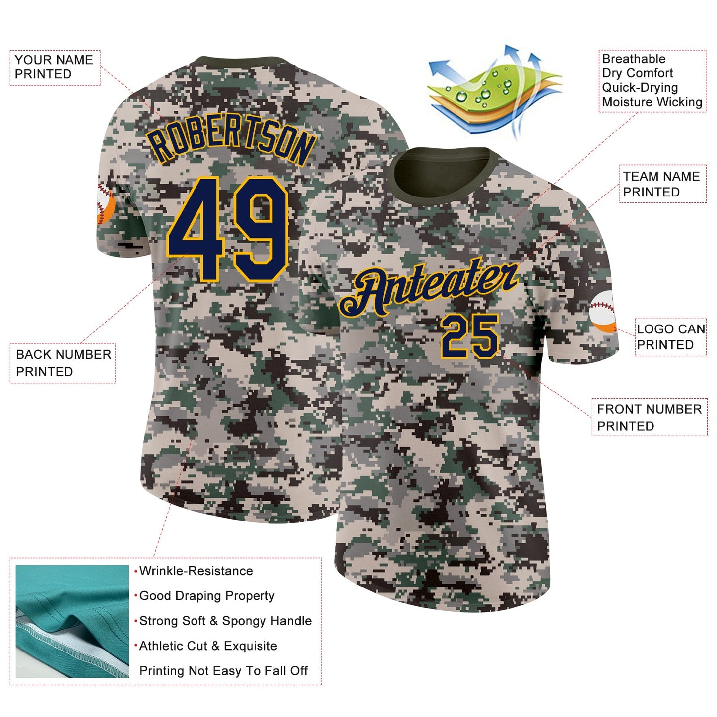 Custom Camo Navy-Gold Urban Digital Camouflage Pixel Salute To Service Performance T-Shirt view 2