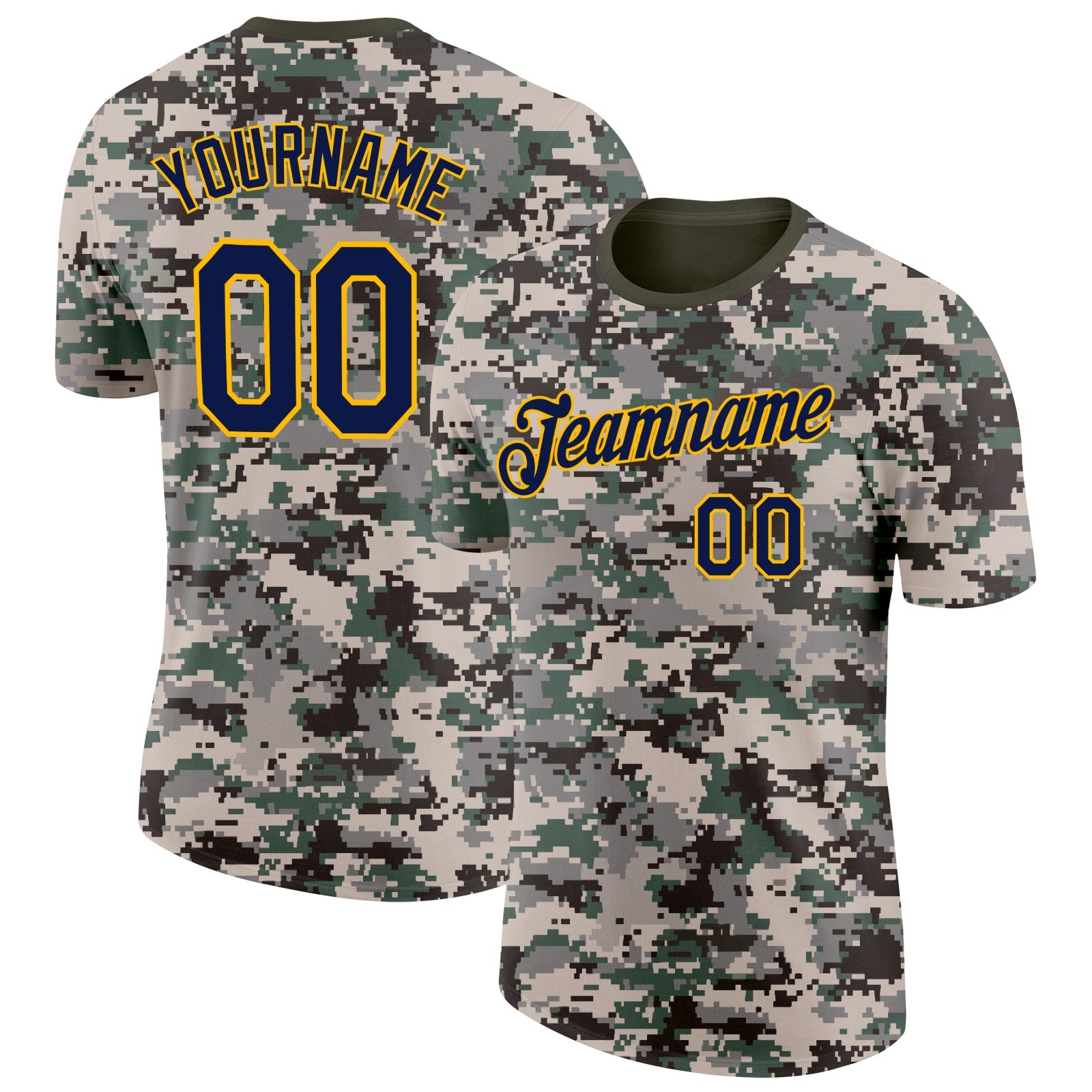 Custom Camo Navy-Gold Urban Digital Camouflage Pixel Salute To Service Performance T-Shirt - Main View