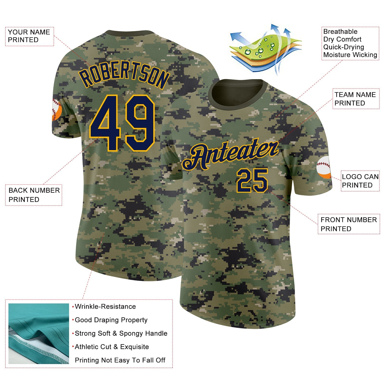 Custom Camo Navy-Gold Woodland Forest Digital Camouflage Pixel Salute To Service Performance T-Shirt view 2