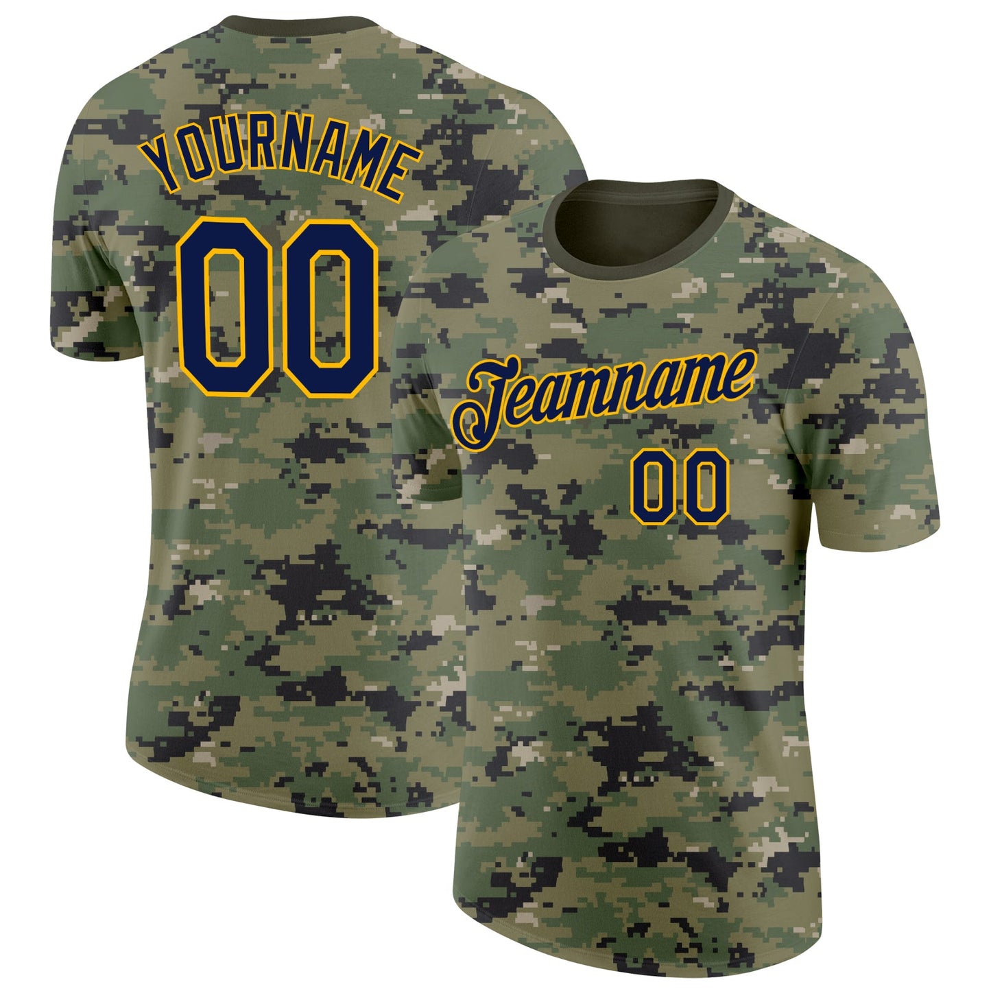Custom Camo Navy-Gold Woodland Forest Digital Camouflage Pixel Salute To Service Performance T-Shirt - Main View