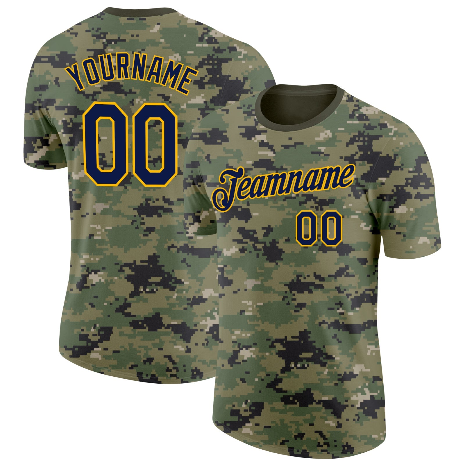 Custom Camo Navy-Gold Woodland Forest Digital Camouflage Pixel Salute To Service Performance T-Shirt - Main View