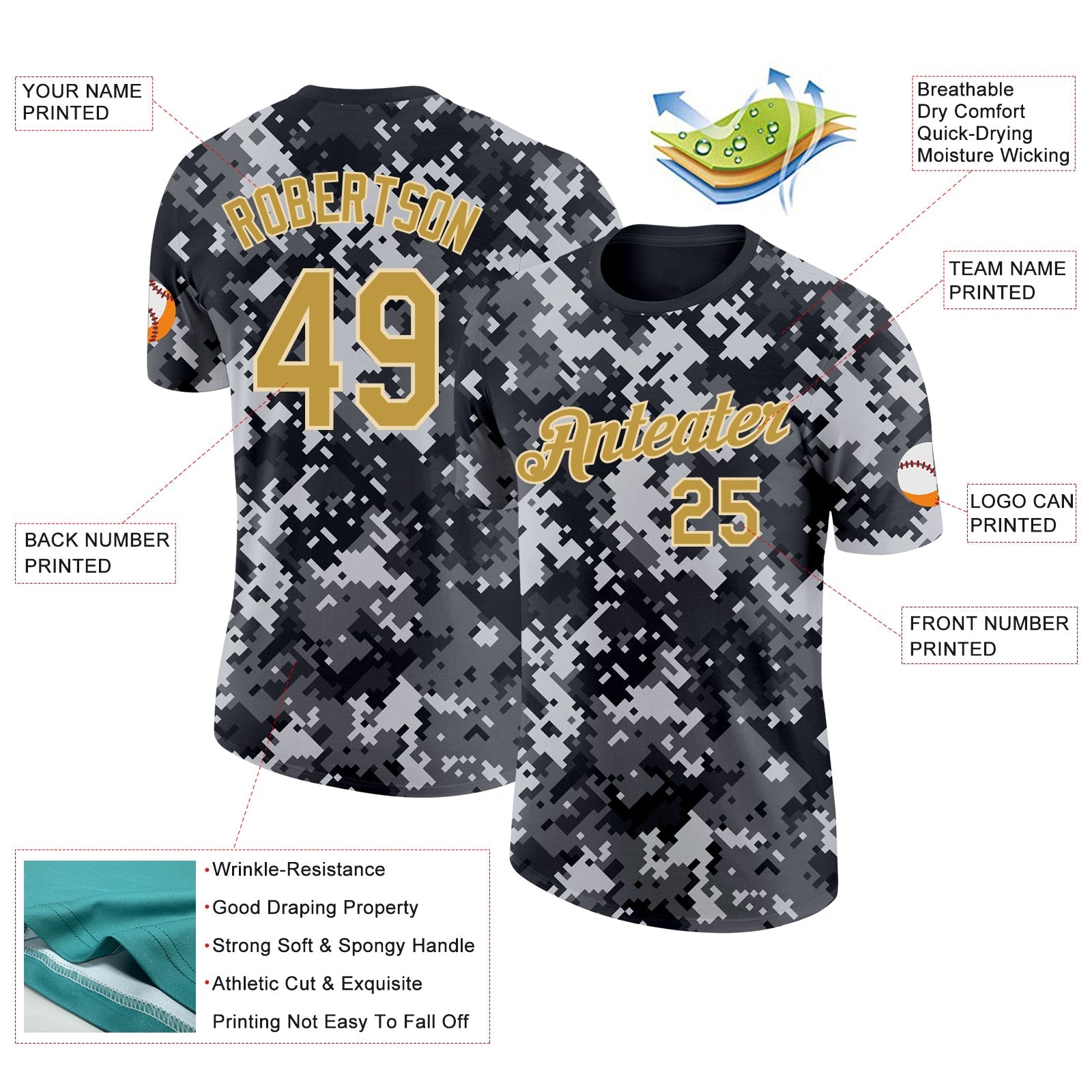 Custom Camo Old Gold-Cream Urban Digital Camouflage Pixel Salute To Service Performance T-Shirt view 2