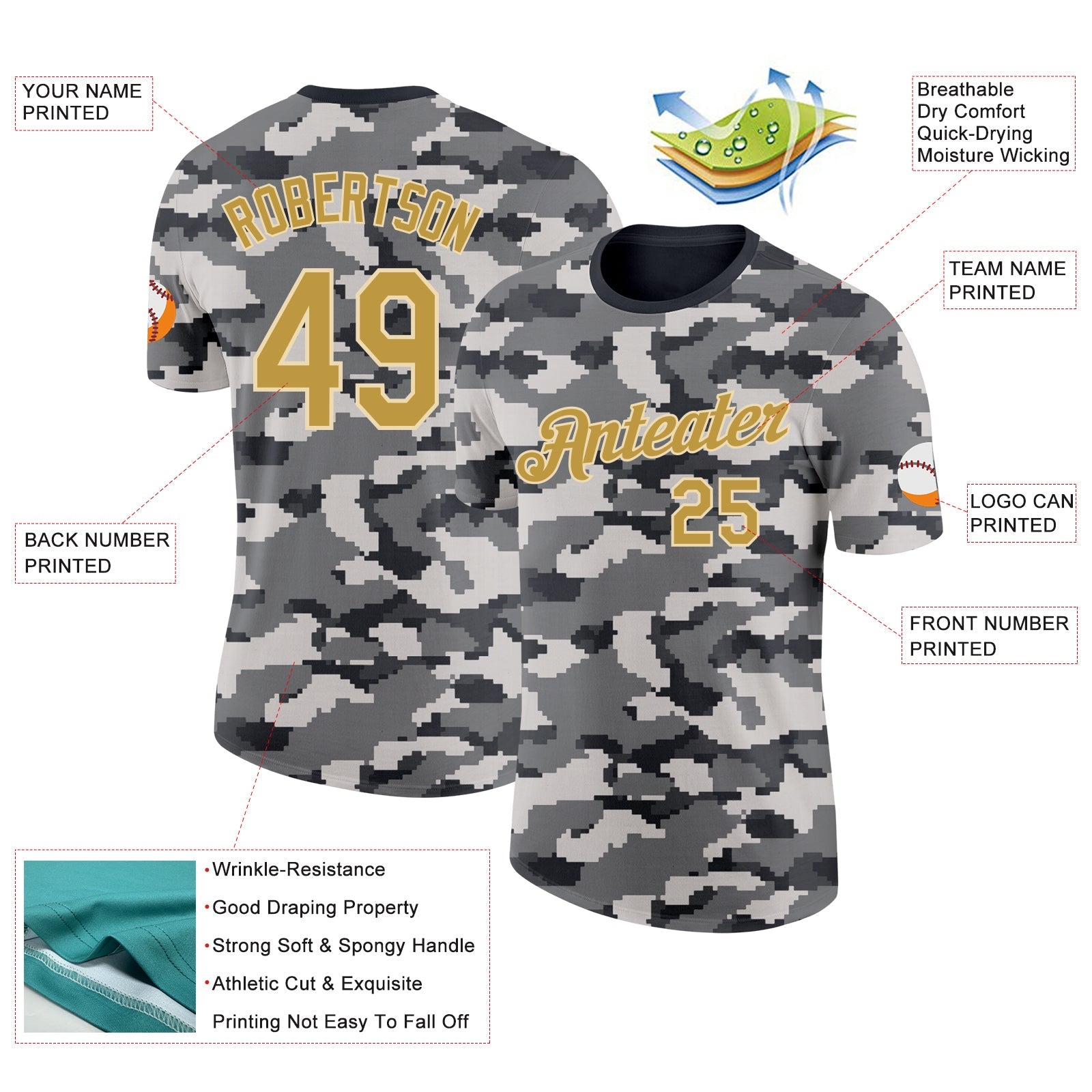 Custom Camo Old Gold-Cream Urban Digital Camouflage Pixel Salute To Service Performance T-Shirt view 2