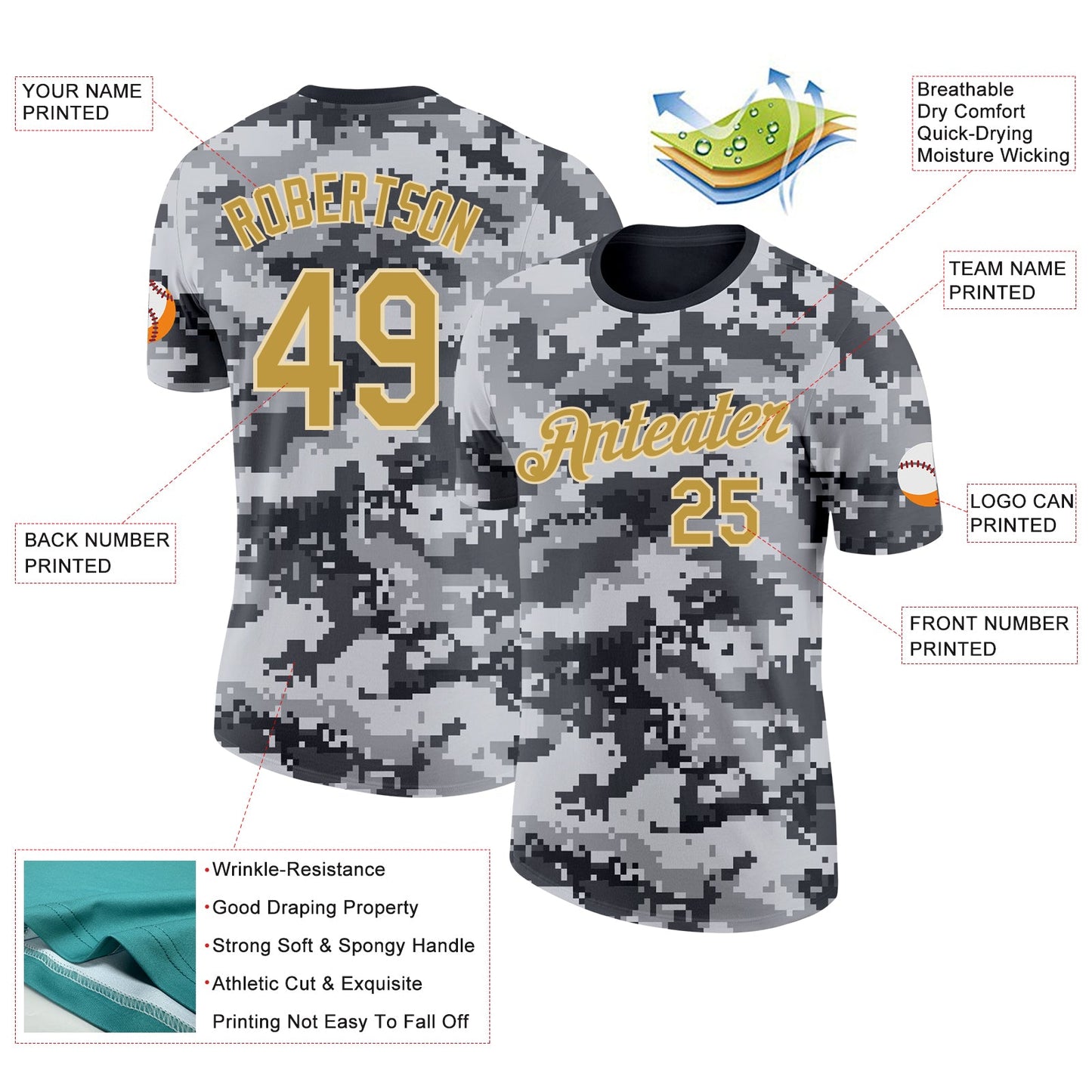 Custom Camo Old Gold-Cream Urban Digital Camouflage Pixel Salute To Service Performance T-Shirt view 2
