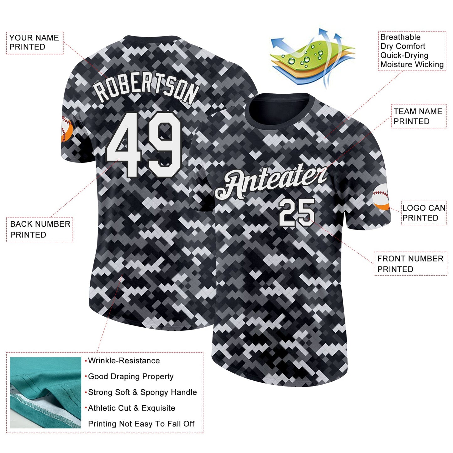 Custom Camo White-Black Urban Digital Camouflage Pixel Salute To Service Performance T-Shirt view 2