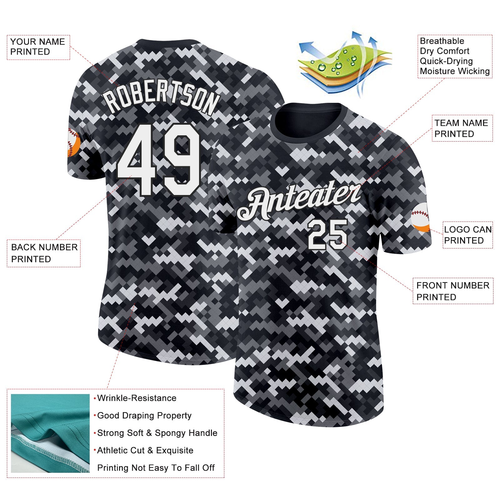 Custom Camo White-Black Urban Digital Camouflage Pixel Salute To Service Performance T-Shirt view 2