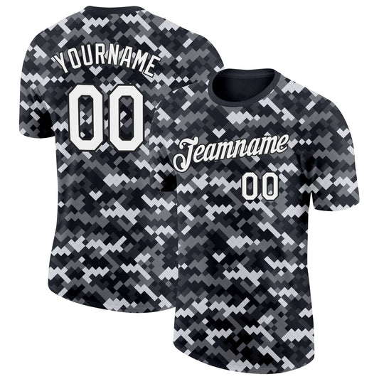 Custom Camo White-Black Urban Digital Camouflage Pixel Salute To Service Performance T-Shirt - Main View