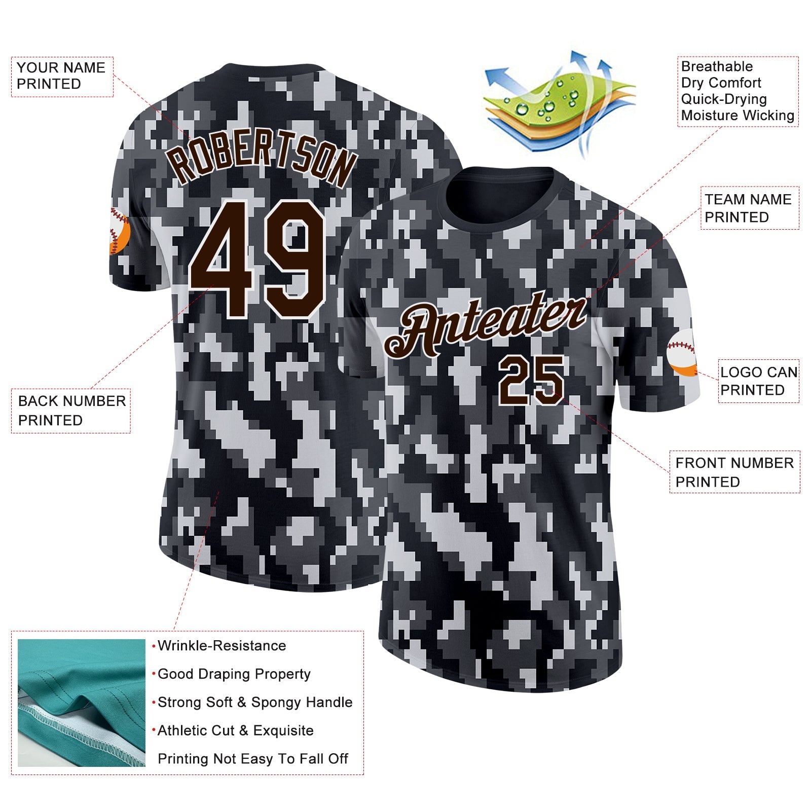 Custom Camo Brown-White Urban Digital Camouflage Pixel Salute To Service Performance T-Shirt view 2