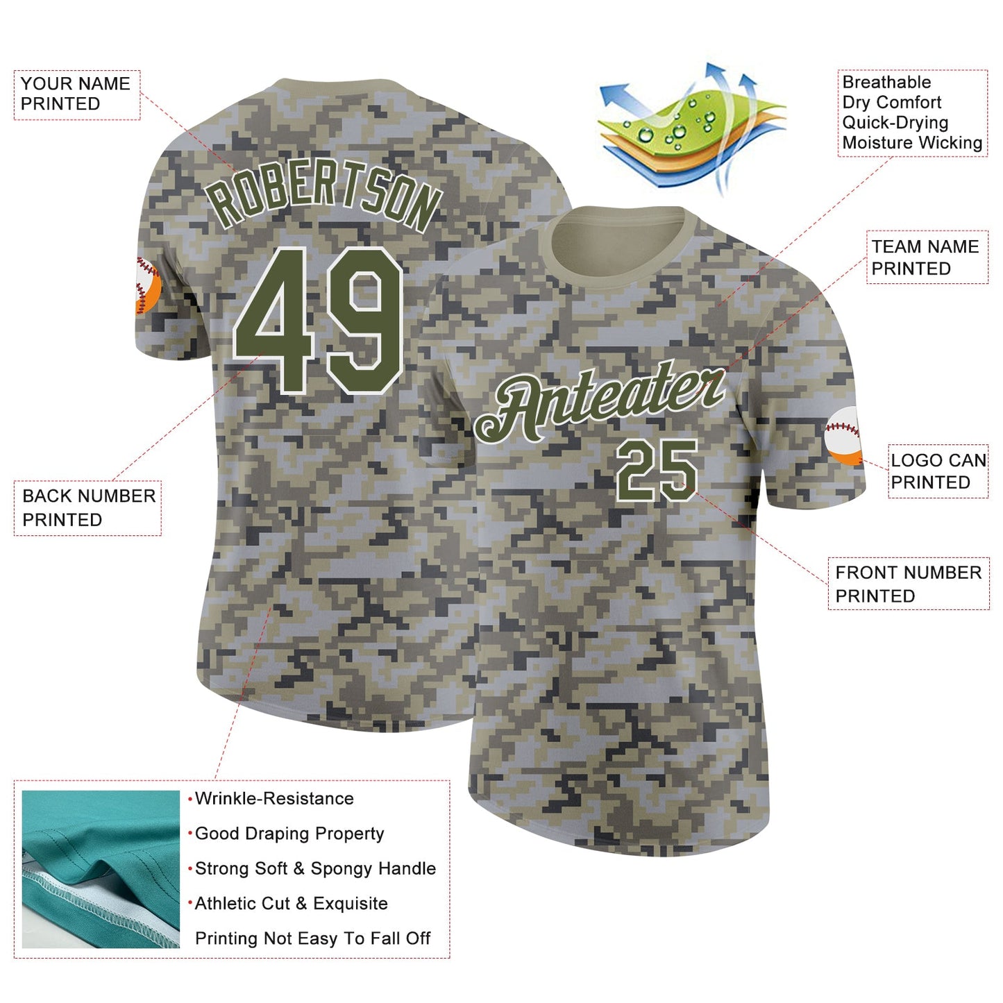 Custom Camo Olive-White Urban Digital Camouflage Pixel Salute To Service Performance T-Shirt view 2