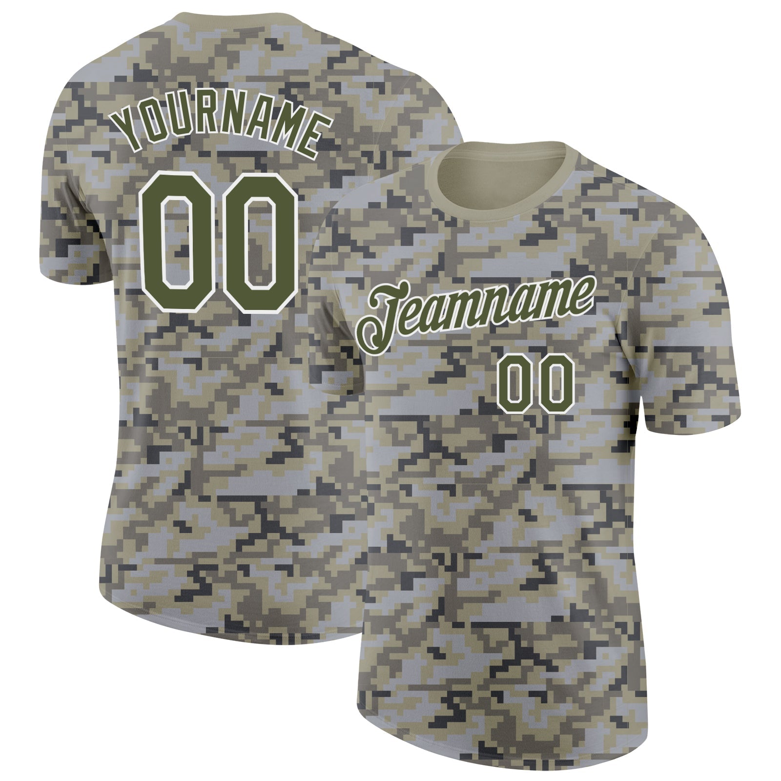 Custom Camo Olive-White Urban Digital Camouflage Pixel Salute To Service Performance T-Shirt - Main View