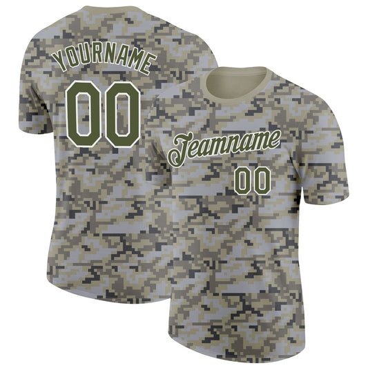 Custom Camo Olive-White Urban Digital Camouflage Pixel Salute To Service Performance T-Shirt - Main View