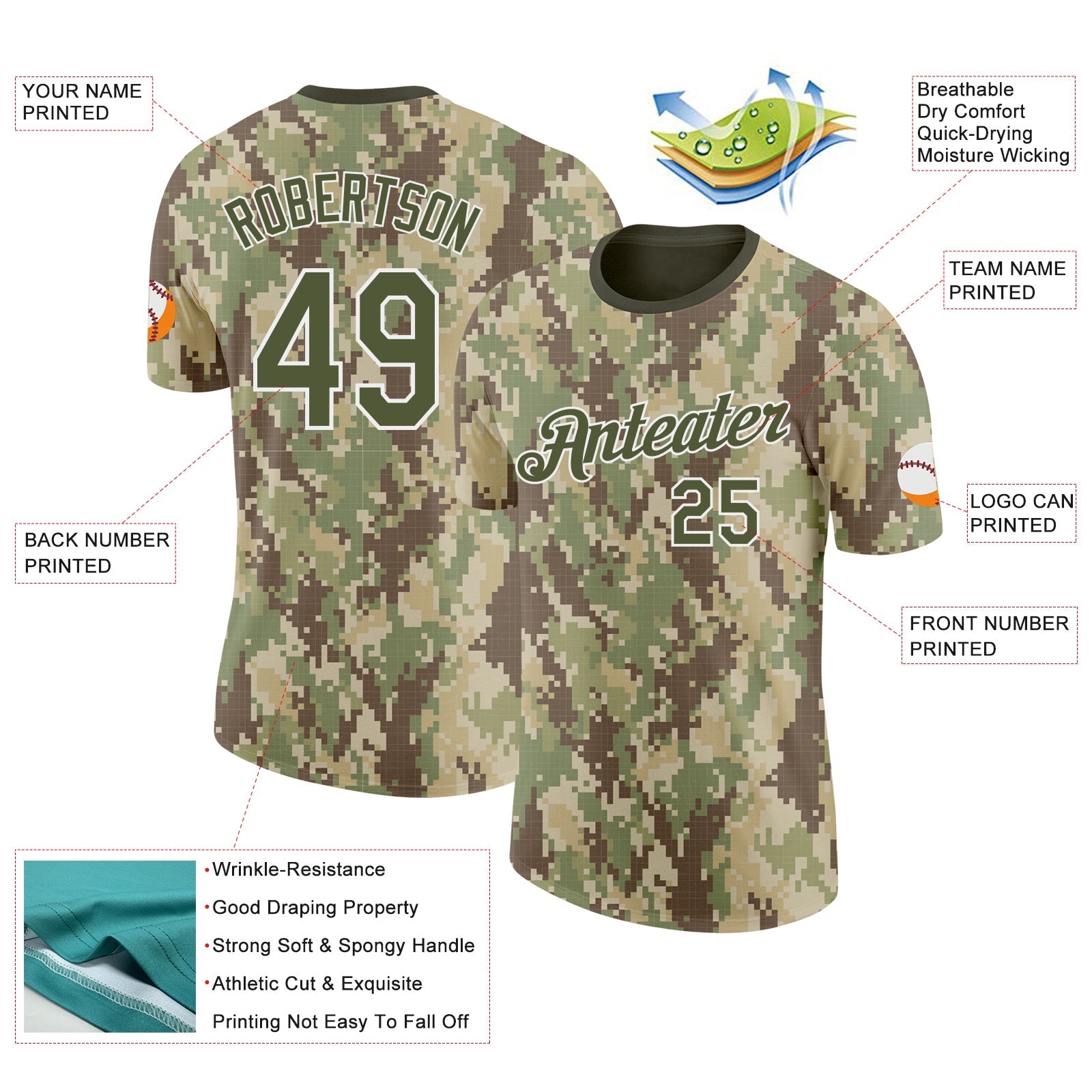 Custom Camo Olive-White Woodland Forest Digital Camouflage Pixel Salute To Service Performance T-Shirt view 2