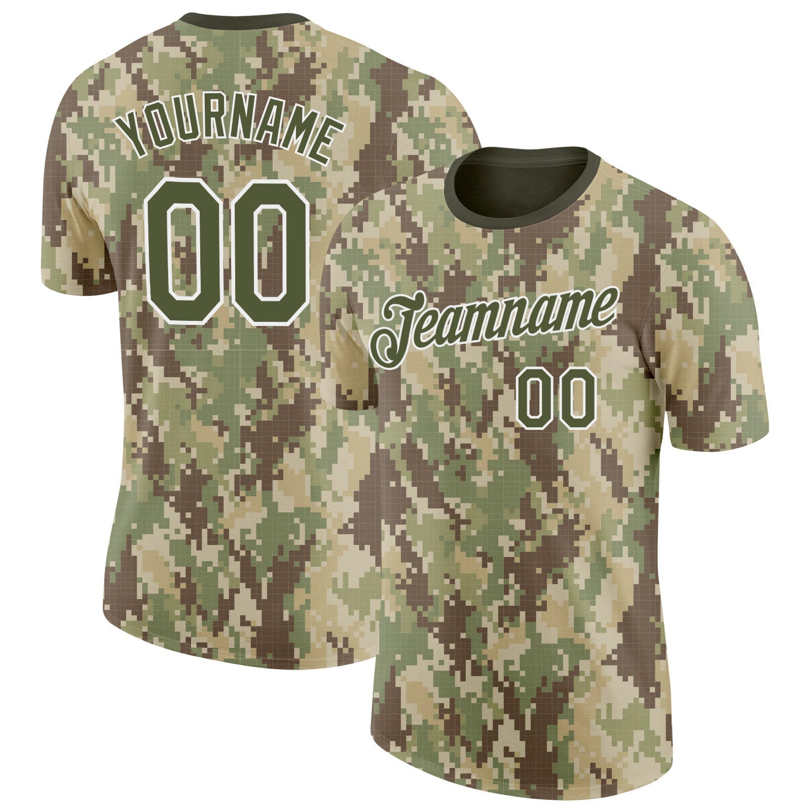 Custom Camo Olive-White Woodland Forest Digital Camouflage Pixel Salute To Service Performance T-Shirt - Main View