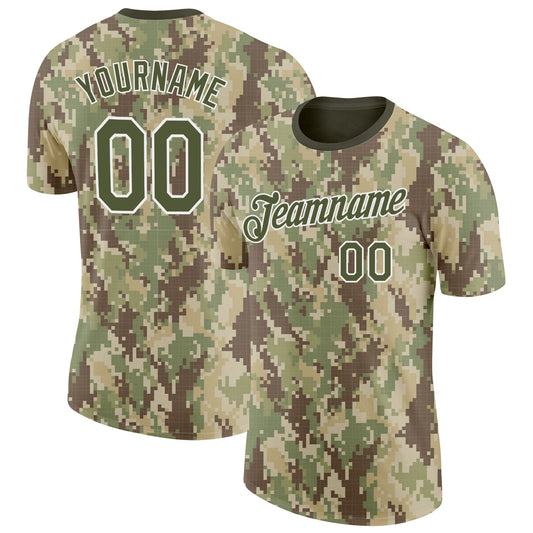 Custom Camo Olive-White Woodland Forest Digital Camouflage Pixel Salute To Service Performance T-Shirt - Main View