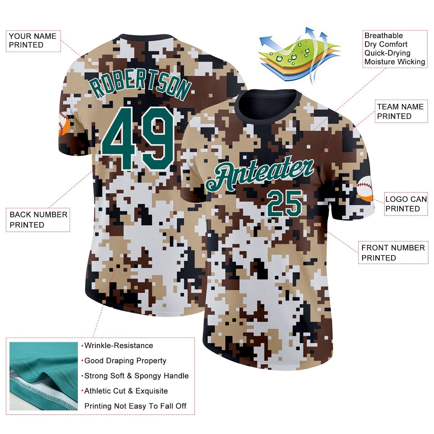 Custom Camo Midnight Green-White Desert Digital Camouflage Pixel Salute To Service Performance T-Shirt view 2
