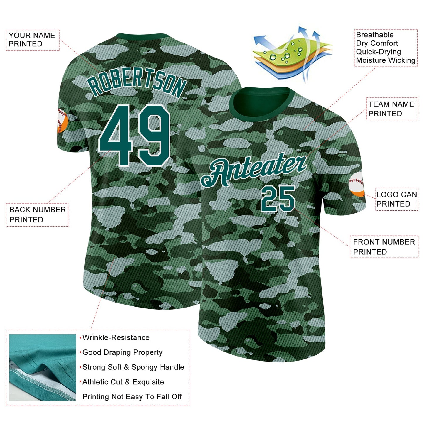 Custom Camo Midnight Green-White Woodland Forest Digital Camouflage Pixel Salute To Service Performance T-Shirt view 2