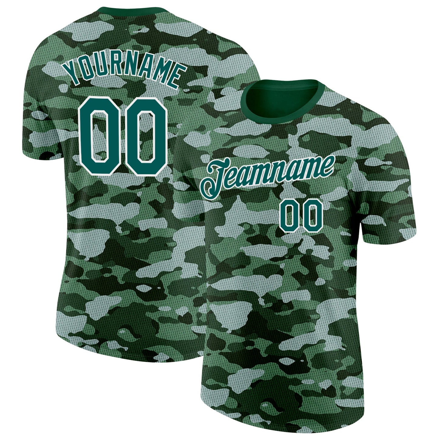 Custom Camo Midnight Green-White Woodland Forest Digital Camouflage Pixel Salute To Service Performance T-Shirt - Main View