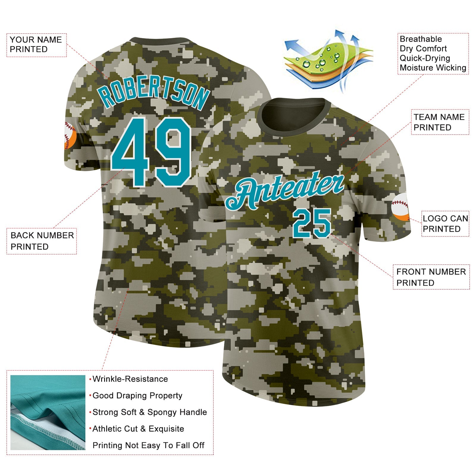 Custom Camo Teal-White Woodland Forest Digital Camouflage Pixel Salute To Service Performance T-Shirt view 2