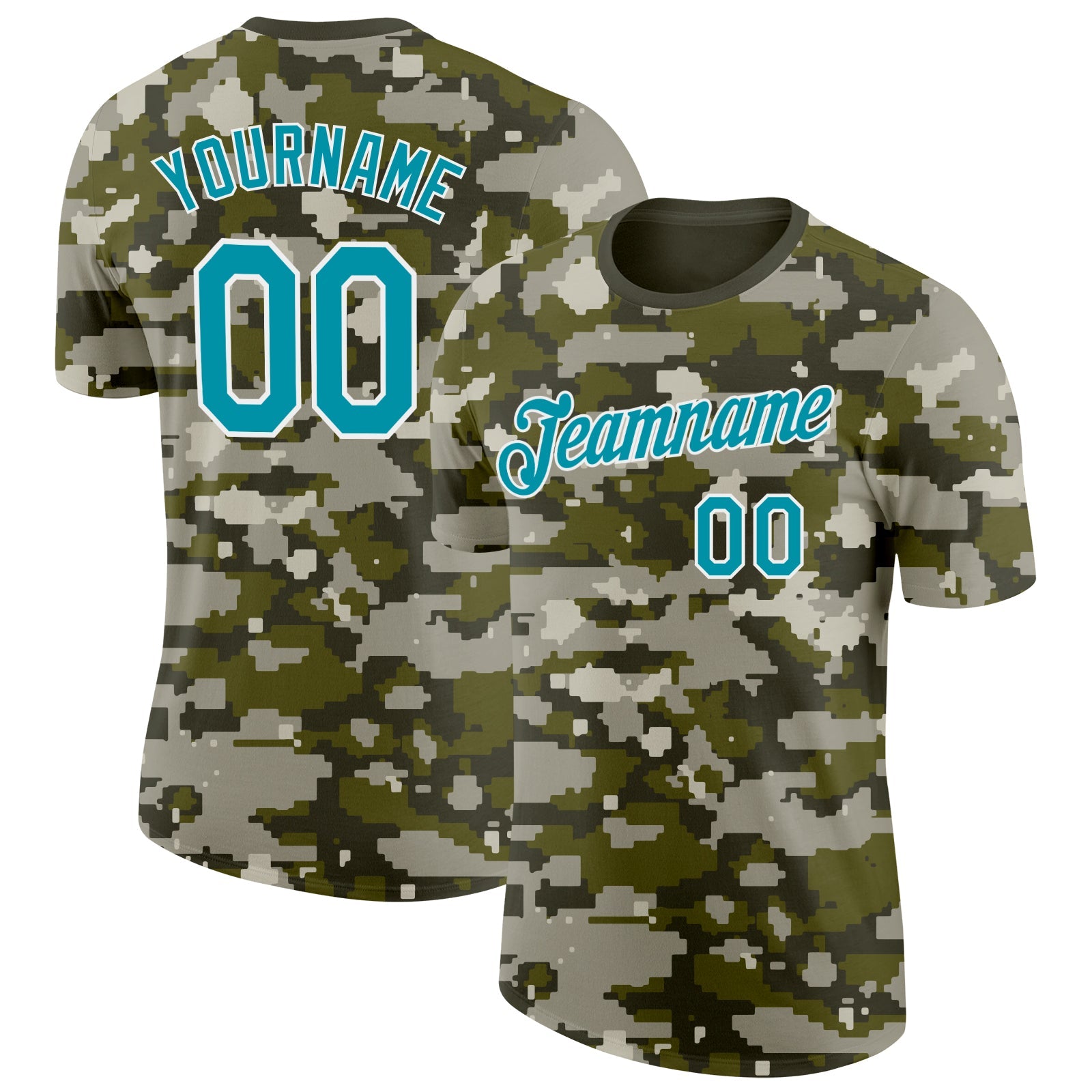 Custom Camo Teal-White Woodland Forest Digital Camouflage Pixel Salute To Service Performance T-Shirt - Main View