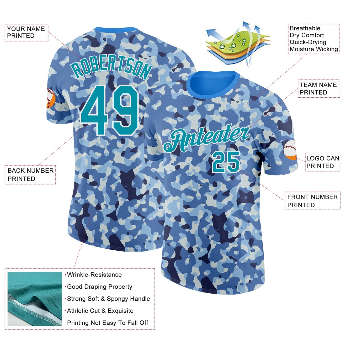 Custom Camo Teal-White Ocean Digital Camouflage Pixel Salute To Service Performance T-Shirt view 2