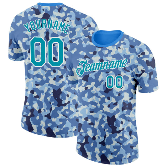 Custom Camo Teal-White Ocean Digital Camouflage Pixel Salute To Service Performance T-Shirt - Main View