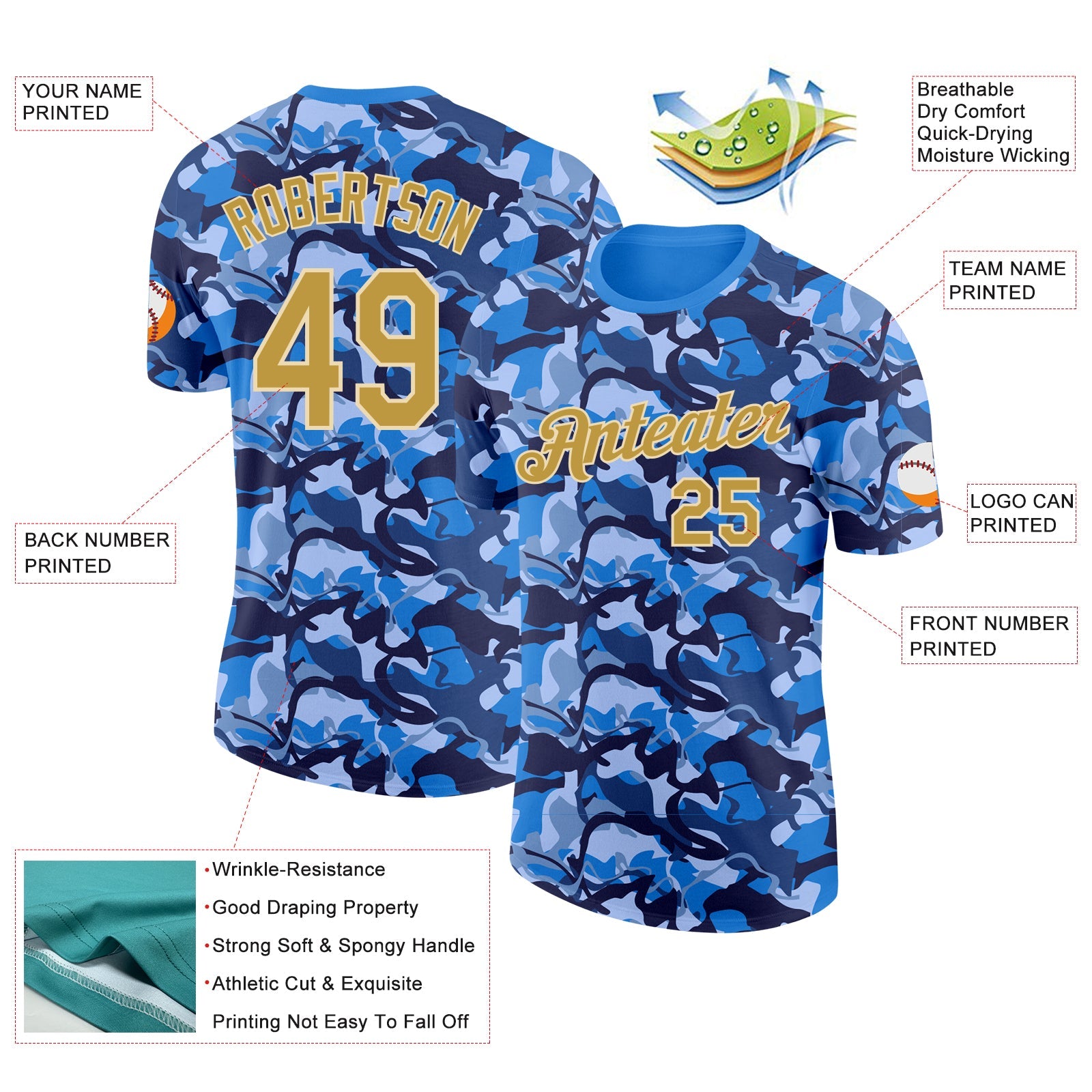 Custom Camo Old Gold-Cream Ocean Digital Camouflage Pixel Salute To Service Performance T-Shirt view 2