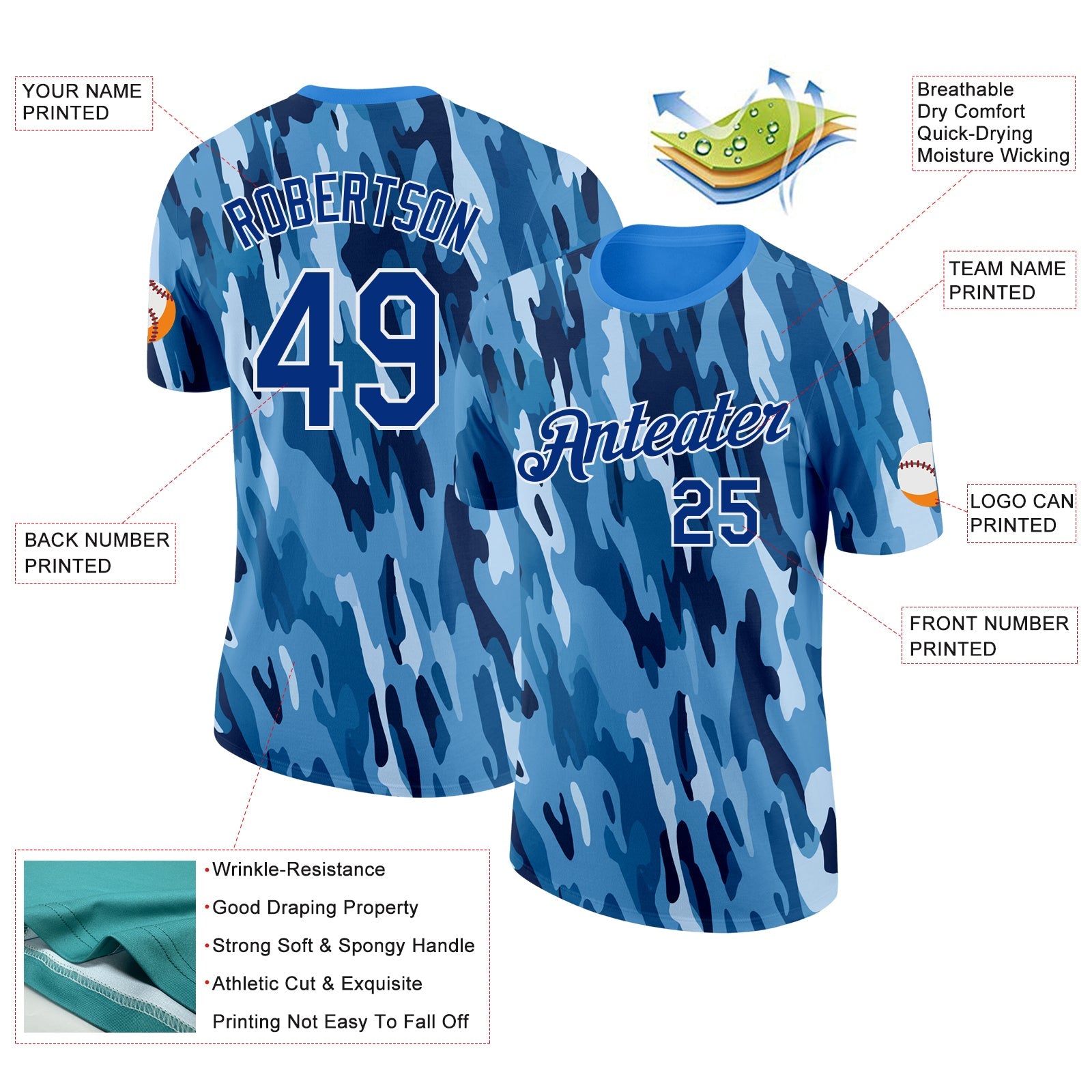 Custom Camo Royal-White Digital Camouflage Pixel Salute To Service Performance T-Shirt view 2
