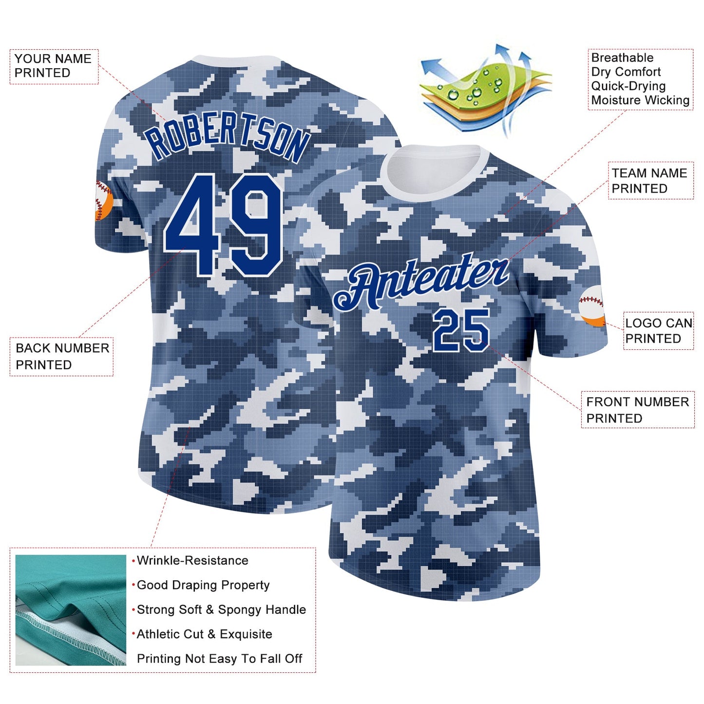 Custom Camo Royal-White Digital Camouflage Pixel Salute To Service Performance T-Shirt view 2