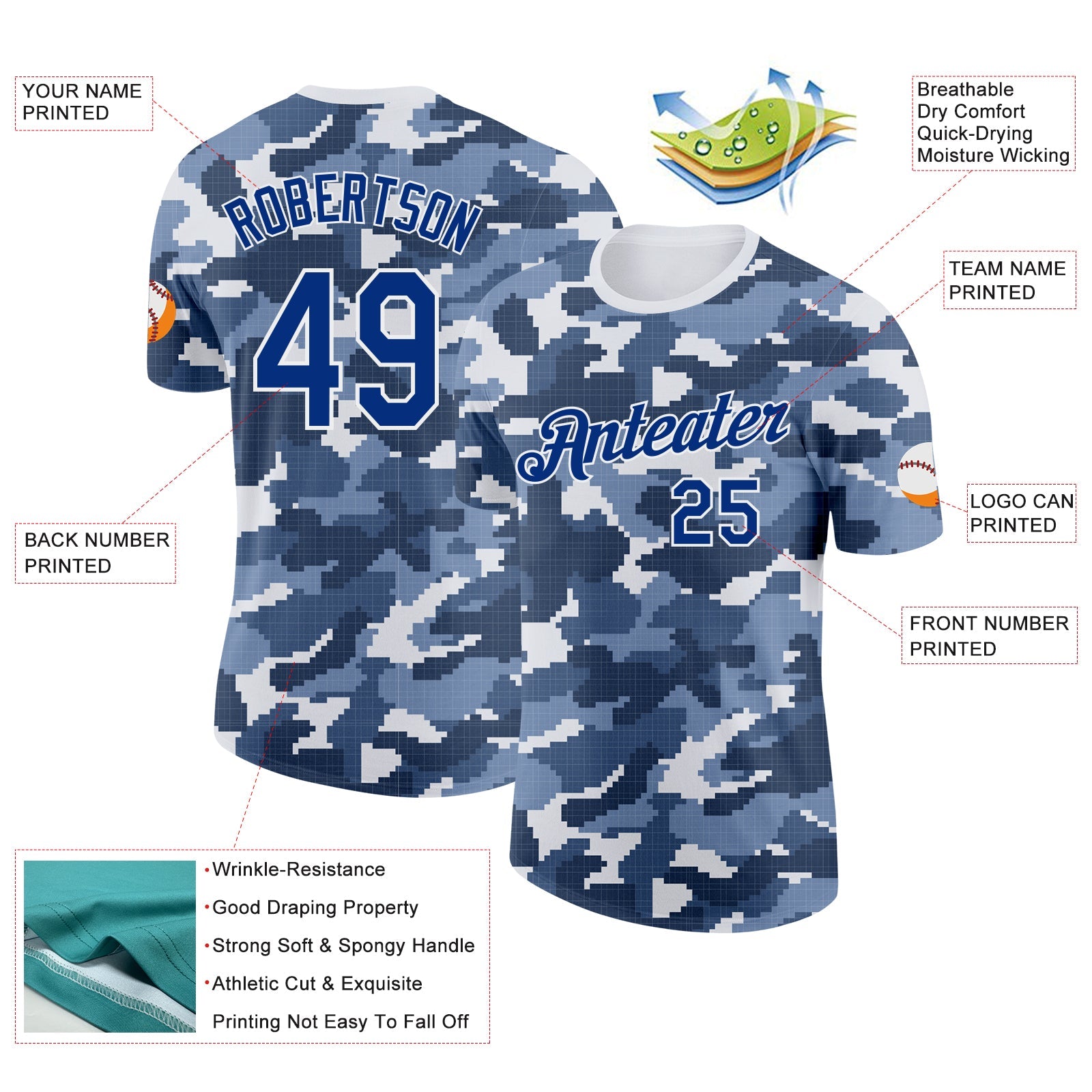 Custom Camo Royal-White Digital Camouflage Pixel Salute To Service Performance T-Shirt view 2