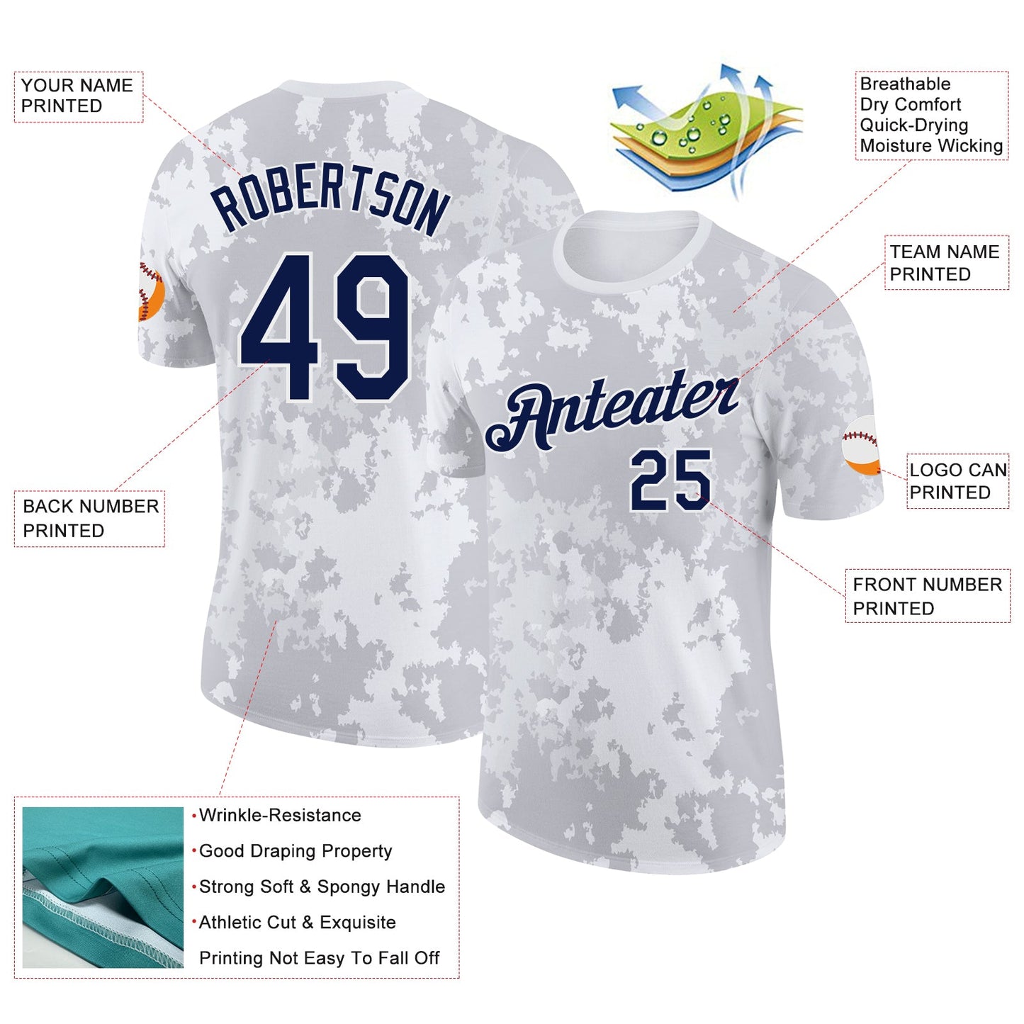 Custom Camo Navy-White Cloud Digital Camouflage Pixel Salute To Service Performance T-Shirt view 2