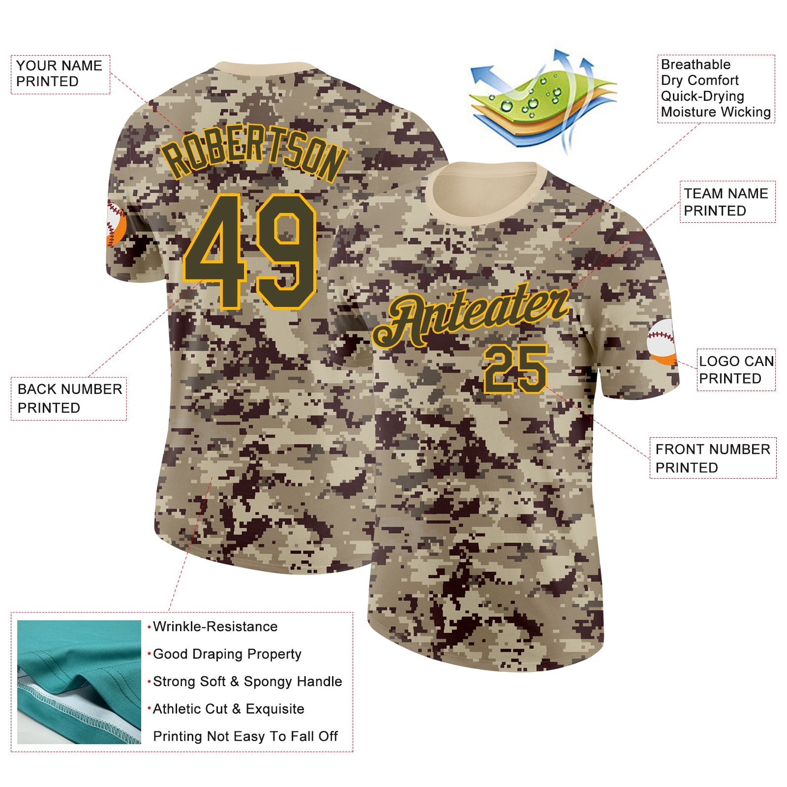 Custom Camo Olive-Gold Desert Digital Camouflage Pixel Salute To Service Performance T-Shirt view 2
