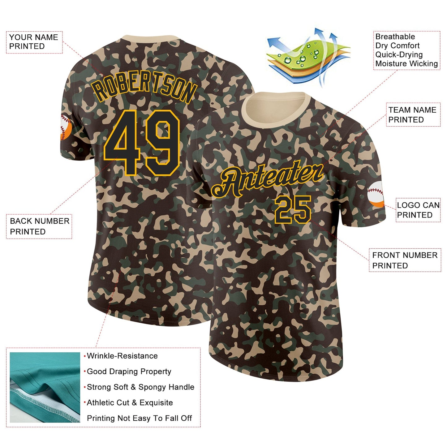 Custom Camo Black-Gold Woodland Forest Digital Camouflage Pixel Salute To Service Performance T-Shirt view 2
